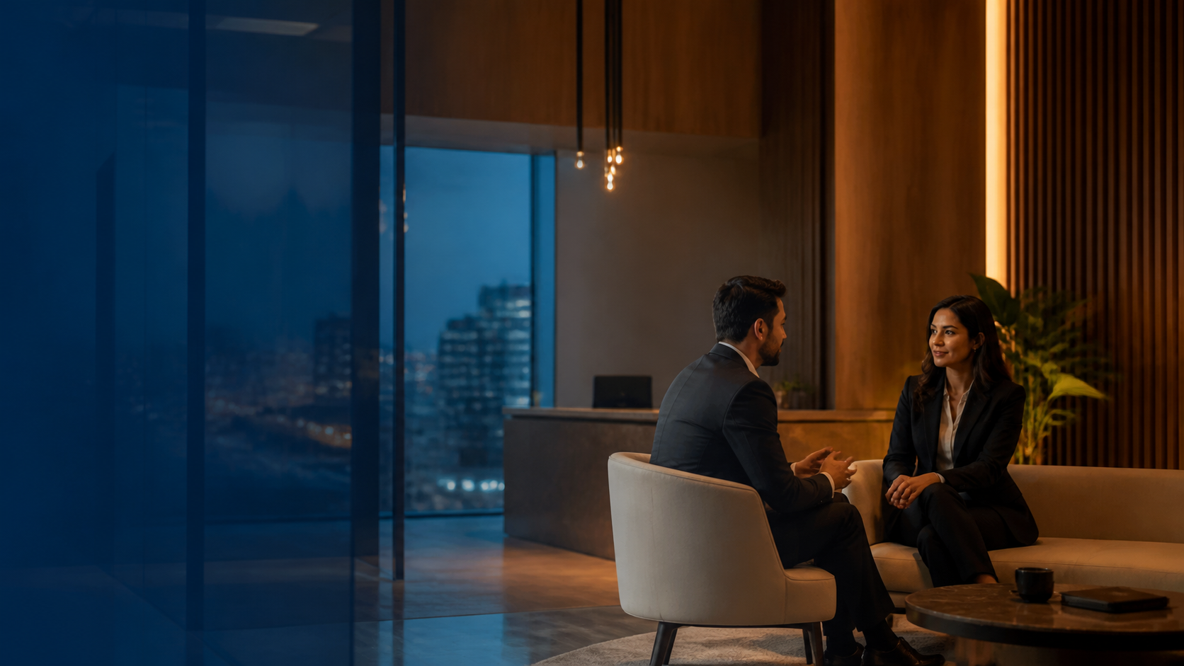 Dos profesionales conversando en un espacio corporativo cálido.