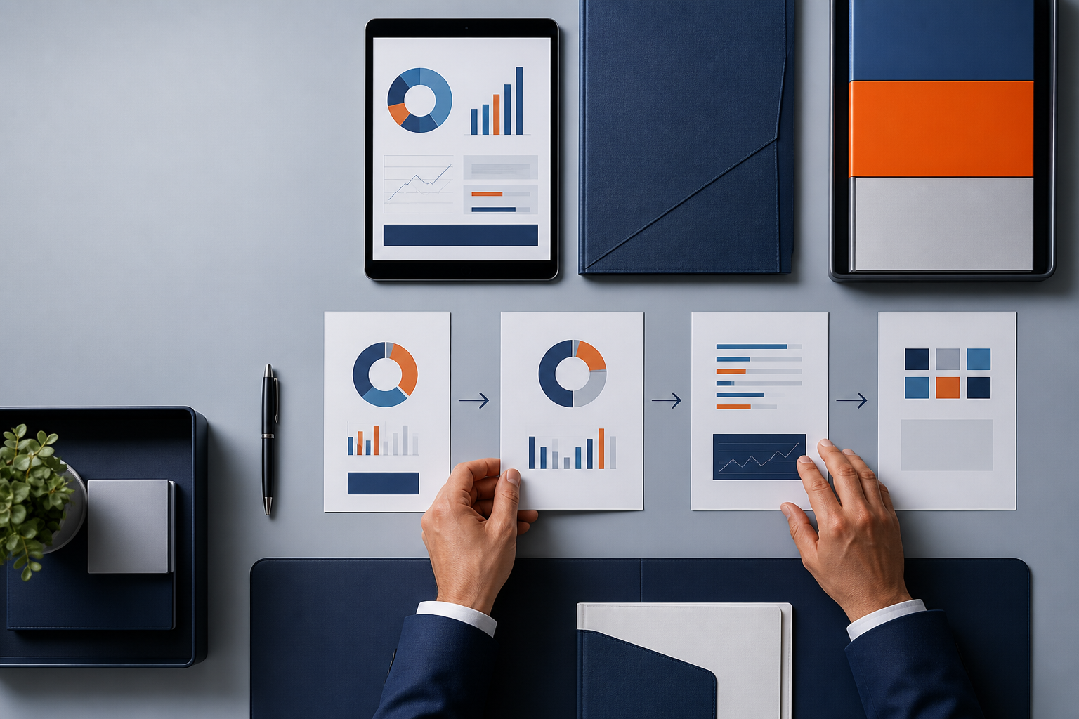 Documentos y gráficos organizados en un flujo de análisis empresarial.