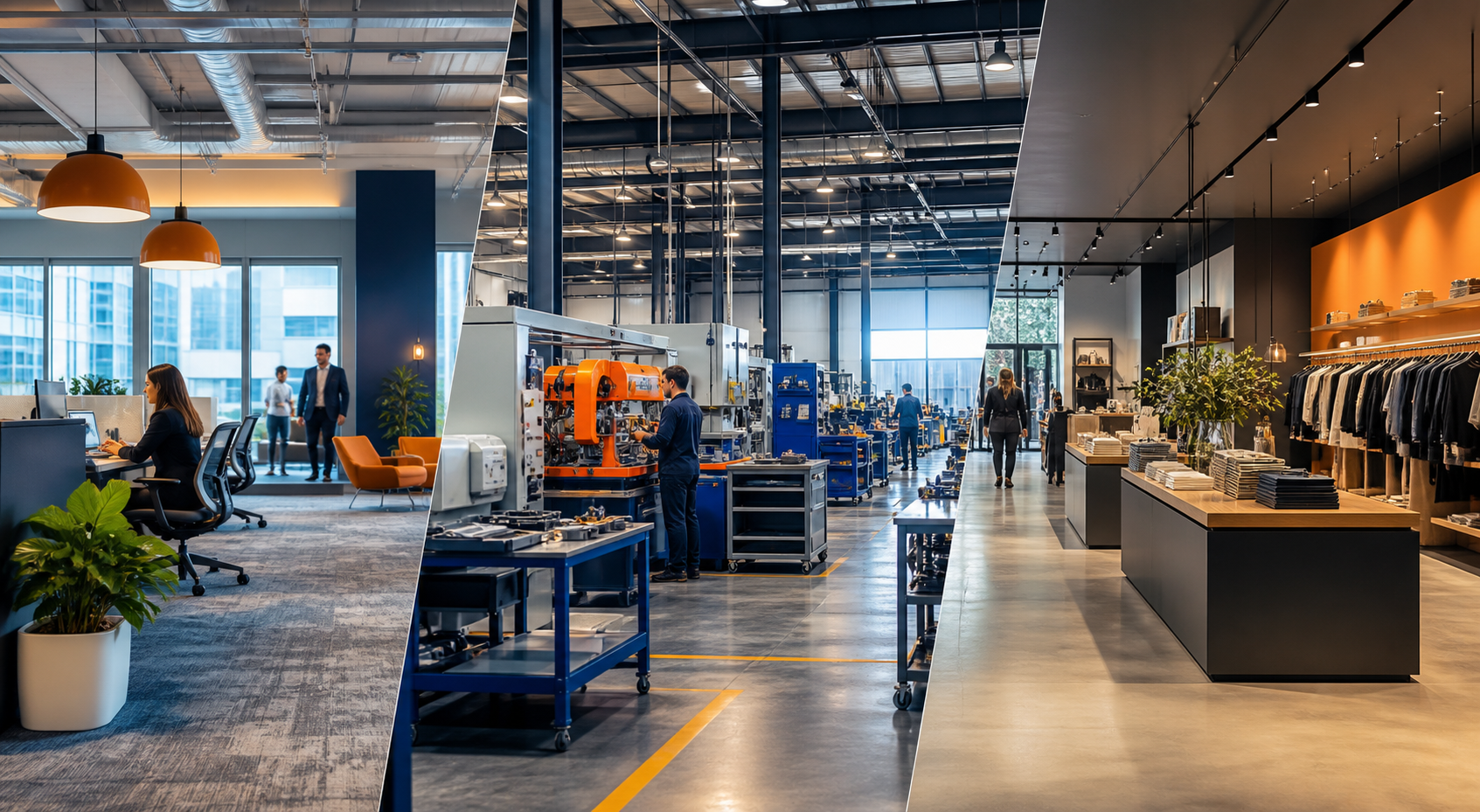 Tres entornos empresariales: oficina de servicios, planta industrial y espacio comercial.